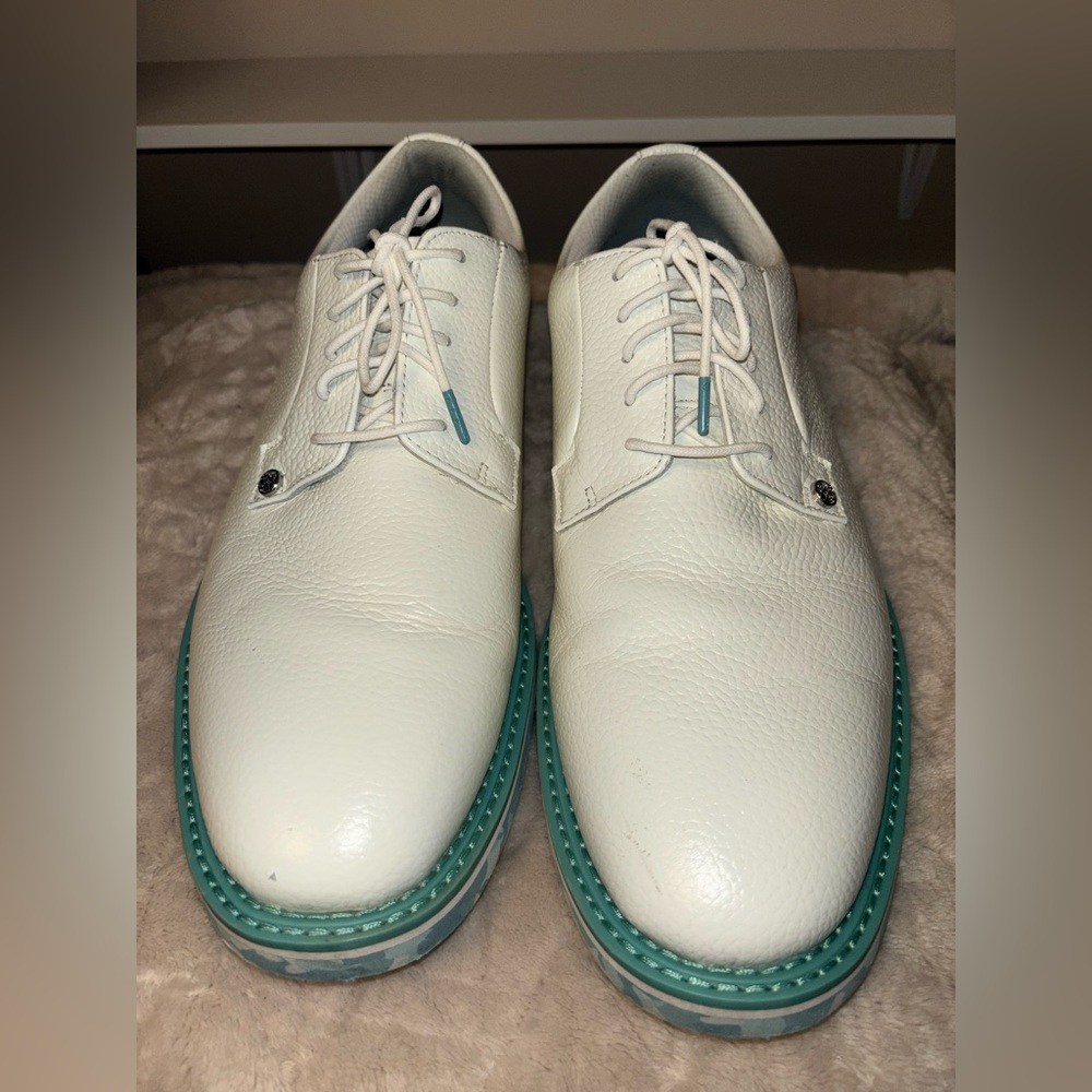 G/FORE White Leather Oxfords with Teal Sole Accent